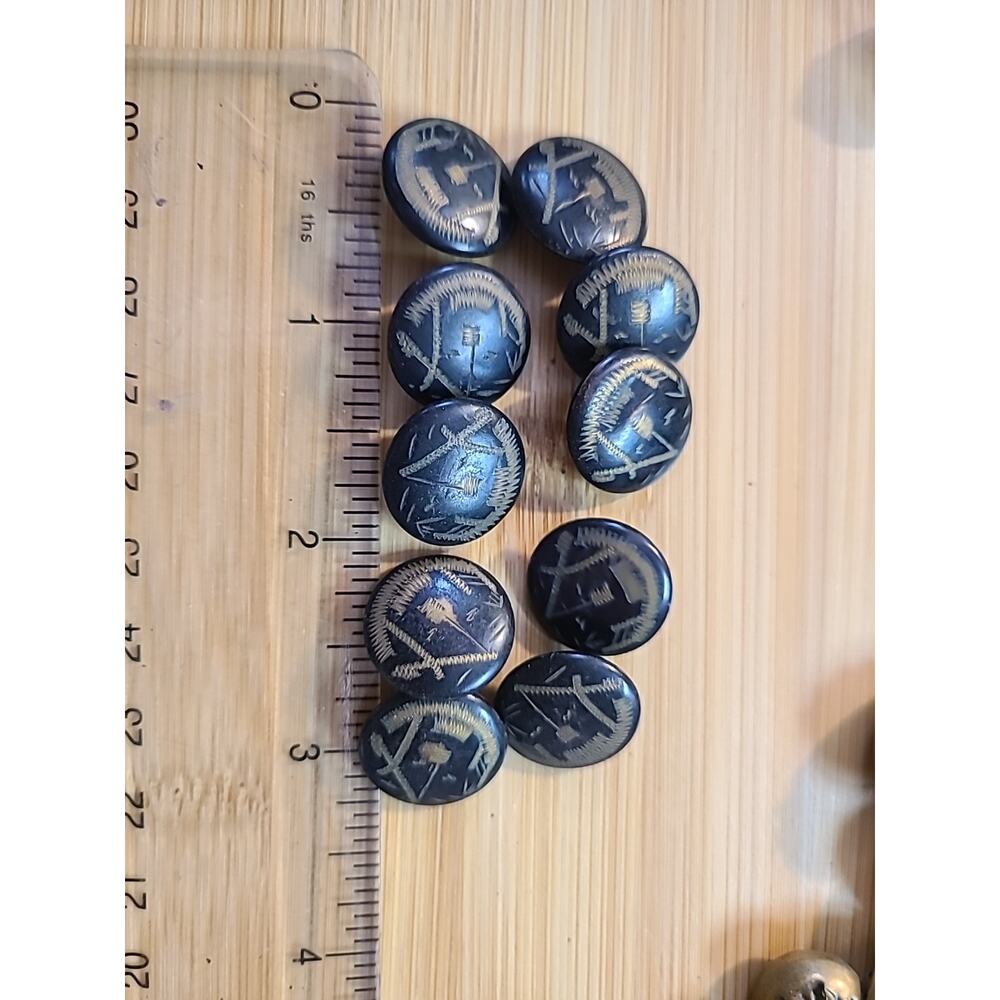 10 Antique Metal Tole Buttons, Etched Well Pump, Architectural Structure, 3/4"